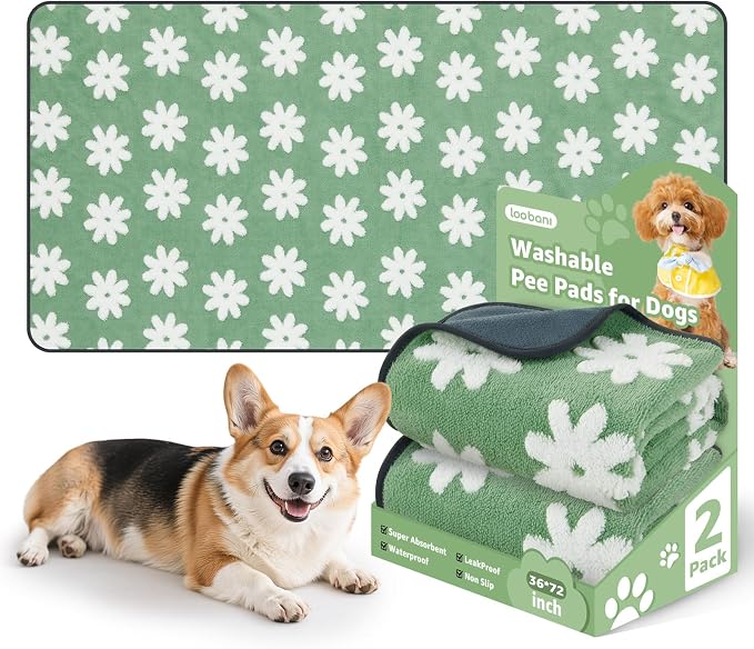 LOOBANI Washable Puppy Pads, Reusable Dog Pee Mat 36"x72", 2 Pack | Super Absorbent, Waterproof, Leakproof, Non-Slip, Soft For Playpen, Crate, Potty Training, Floors