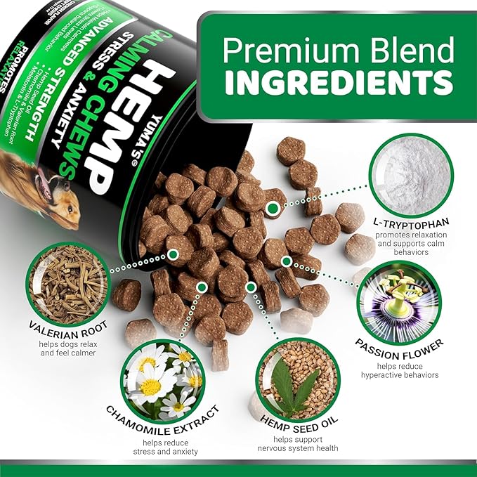 Advanced Calming Chews for Dogs - Hemp Dog Calming Chews - Anxiety Relief Treats with Melatonin, Hemp Oil - Separation Aid, Stress, Hip and Joint Supplement for Canine Health Support - Made in USA