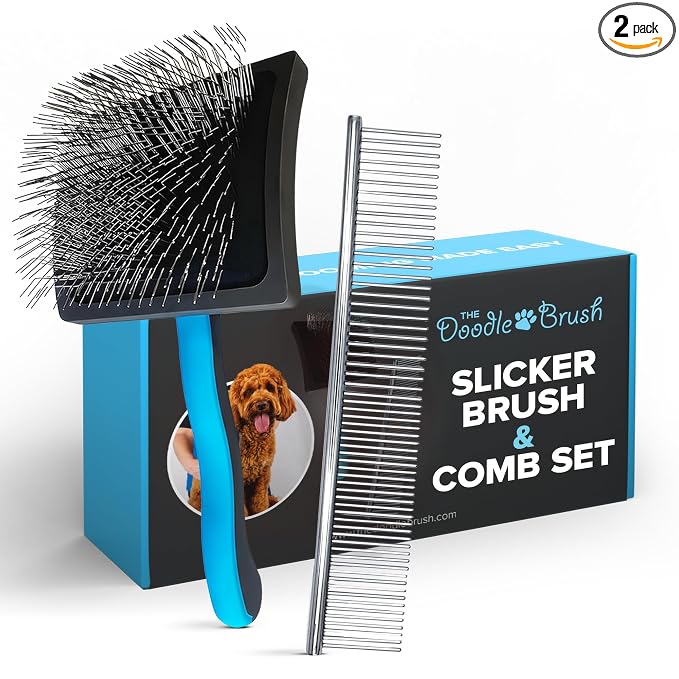 The Doodle Brush Dog Grooming Kit Slicker Brush, Dog Comb Set, Detangler | Extra Long Pins Brushes, Removes Mats, Curly Coats, Stainless Steel Combs, Ergonomic Handle, Gentle Care, Dematting Tools