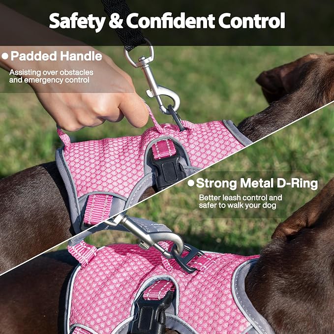 Escape Proof Dog Harness, Dachshund Harness, Reflective Dog Harness with Handle, Durable,Adjustable Vest for Small Medium Large Dogs Walking, Training, and Running Gear (Pink,L)