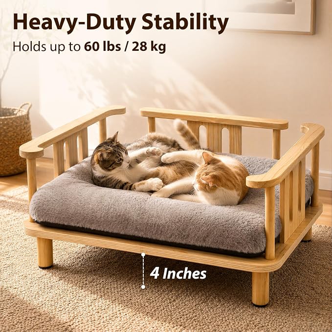 Summark Elevated Cat Couch & Dog Sofa, Solid Wood Raised Pet Bed with Machine Washable Plush Mattress, Indoor Cat Furniture for Cats & Small Dogs, Supports Up to 60 lbs
