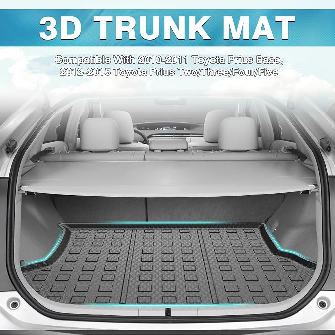 Mixsuper Custom Fit Cargo Liner for 2010-2011 Toyota Prius Base, 2012-2015 Toyota Prius Two/Three/Four/Five, All Weather Rear Cargo Trunk Mat Black