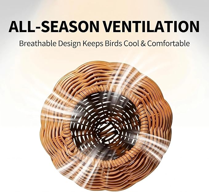 Washable & Breathable Plastic Rattan Bird Nest - Round Hanging Parrot Hammock Hut, Easy-Clean Cool Hideout for Sleeping, Egg Laying & Resting, Budgie, Lovebird, Cockatiel & Canary