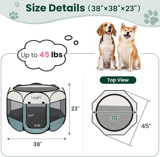 Love's cabin Pet Puppy Dog Playpen, Large Dog Tent Crates Cage Indoor/Outdoor, Portable Playpen for Cat, Foldable Pop Up Dog Kennel Playpen with Carring Case, Removable Zipper Top, Moss Green