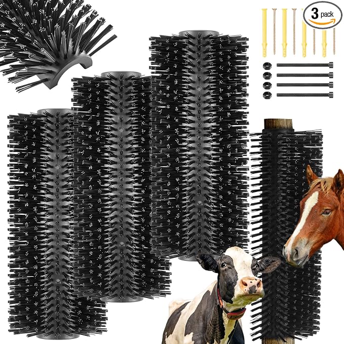3 Pack Livestock Scratching Brush, Black | Animal Scratcher, Itch Relief Grooming, Horse Goat Cow Scratcher, Fence Post Mounting, Durable Bristles, Farm Livestock Care
