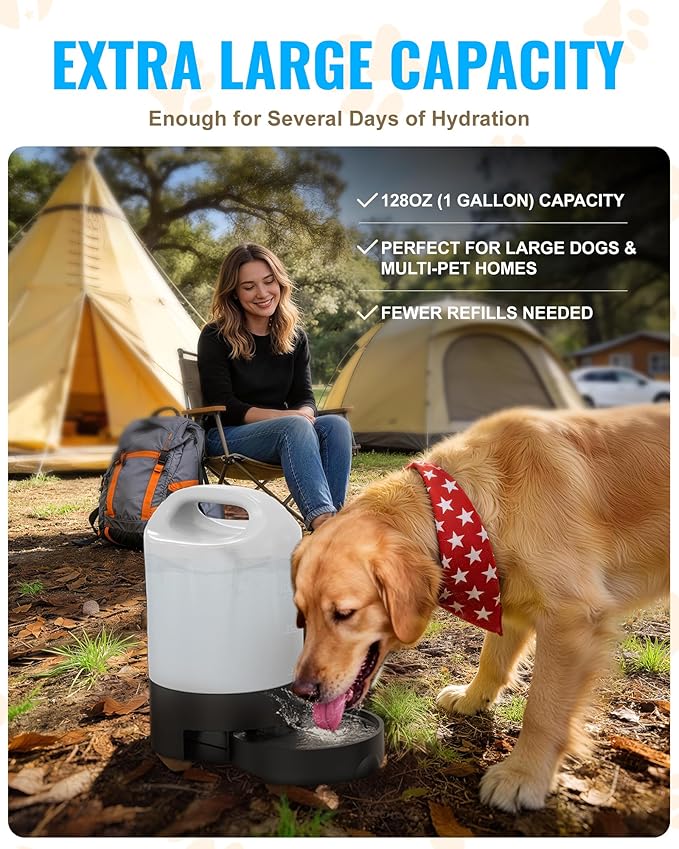 PETNF 1 Gallon Dog Water Dispenser with Handle | Gravity Fed Automatic Water Bottle with Pull-Out Bowl for Large & Multi-Dog, Portable for Travel Camping Hiking, BPA-Free