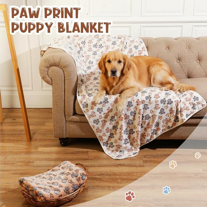 Tatuo 4 Pack Fleece Dog Blankets for Puppy Cats Multi-Size Sleep Mat for Pet Guinea Pig Soft Washable Warm Crate Bed Puppy Teething Toys Print Pattern Blanket Indoor(Mixed Color,51 x 63 Inch,Paw)