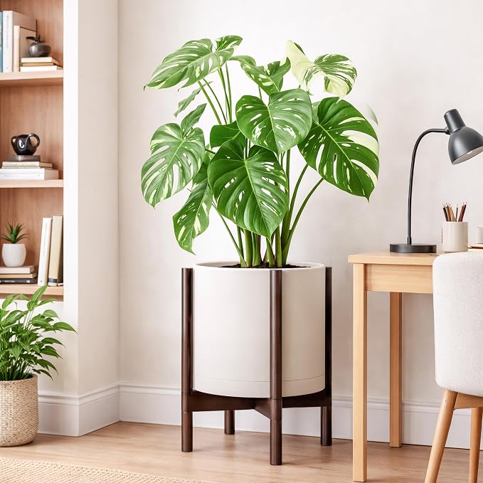 D'vine Dev Plastic Pot with Walnut Wood Stand, Oatmeal, 14 in, 55-C-R-3 | Mid-Century Inspired Design, Elevated Plant Display, Clean Lines, Sturdy Support, Modern Space-Saving Style