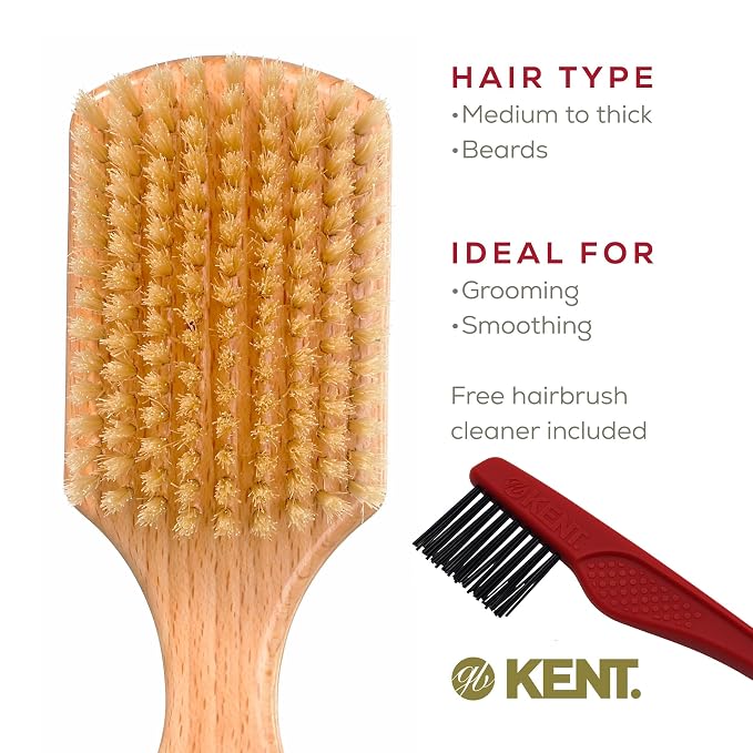 Kent OG4 Rectangular Beachwood Gentlemen's Hair Brush and Facial Brush for Beard Care - Exfoliating Natural Boar Bristle Brush for Mens Grooming, Hair Care, and Beard Straightener for Men's Skin Care