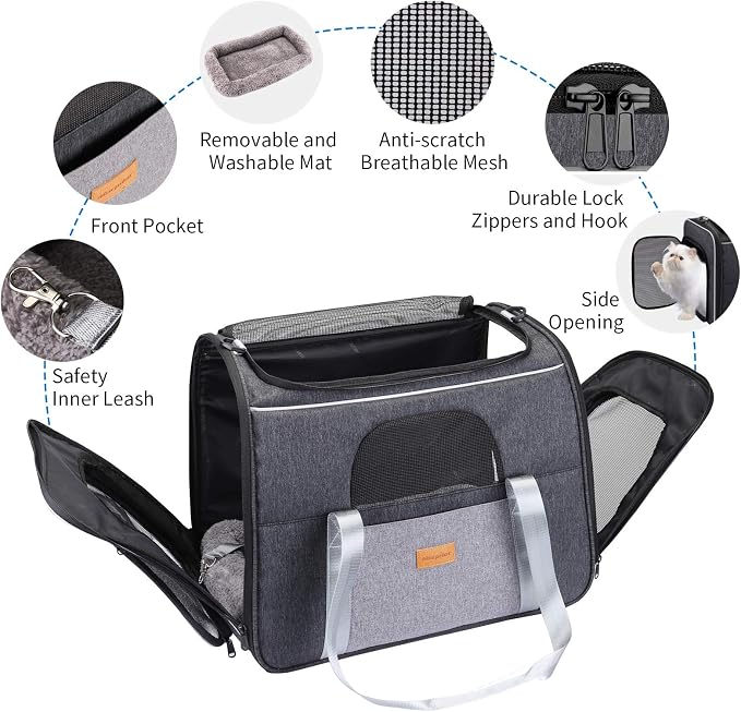 Morpilot Top and Side Expandable Cat Carrier, Collapsible Soft-Sided Pet Carrier for Medium/Large Cats and Puppies up to 20lbs for Car Rides and Vet Visits, with Dual-Sided Cushion& Bowl (Brown)