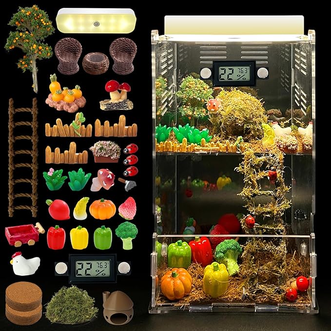 Jumping Spider Enclosure,DIY Insects Habitat,Small Reptile Terrarium Glass House Accessories Set,with Temperature and Humidity Detector Water Feeder Platform Hide,5.5“x5.5”x9.5“ (Farm)