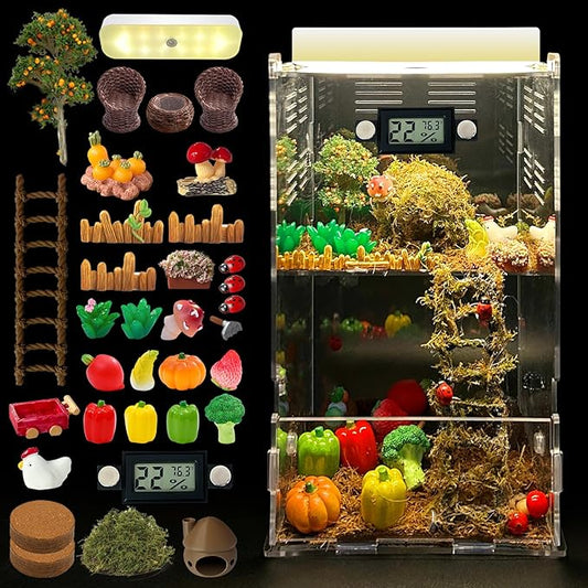 Jumping Spider Enclosure,DIY Insects Habitat,Small Reptile Terrarium Glass House Accessories Set,with Temperature and Humidity Detector Water Feeder Platform Hide,5.5“x5.5”x9.5“ (Farm)
