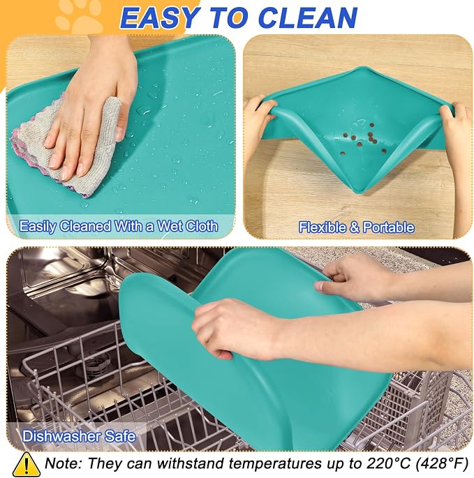 SMILOOL Waterproof Silicone Pet Food Mat with Raised Edge for Dog & Cat | 22" x 14" Non-Slip Pet Feeding Mats with Lip for Food & Water Bowl, Food Grade, Easy Cleaning, Dark Turquoise