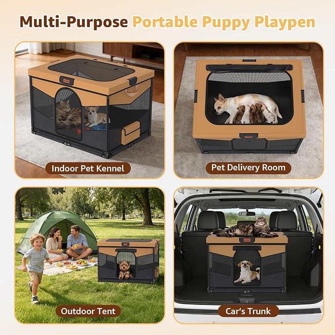 LOOBANI Dog Playpen for Small Dogs, 32"x24"x22", Foldable & Portable, Brown | Pet Playpen, with Removable Washable 690D Fabric Cover, Sturdy Frame Cat Playpen for Indoor, Dog Crate for Small Animals