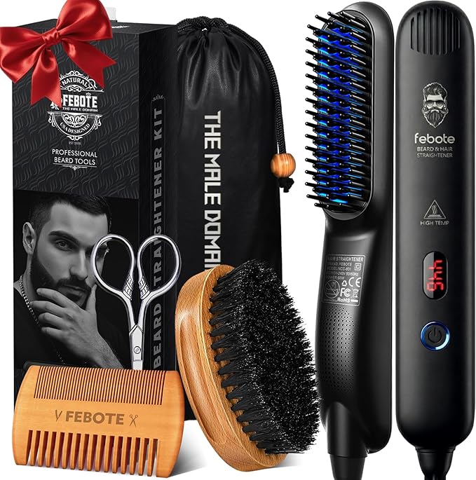 Innovation Beard&Hair Straightener for Men w/Natural Boar Bristle Brush, Pear Wood Comb, Mustache Scissors and Travel Bag, Professional Beard Care Set for Him, Men's Fashion and Grooming Gifts