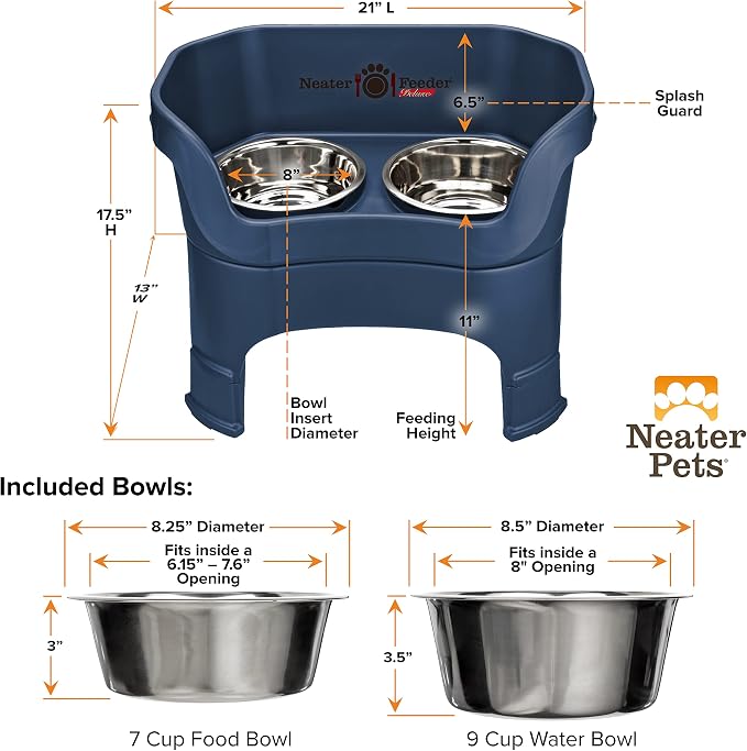 Neater Feeder Deluxe Mess-Proof Elevated Dog Bowls for Large Dogs (40+ lbs), 2 Height Adjustable (14.5” & 17.5”) No-Spill Raised Dog Bowl Stand, Stainless Steel Food Bowl Set, Made in USA, Dark Blue
