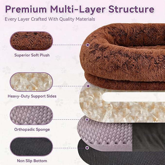 Human Dog Bed, Oversized Plush Lounger Bed with Plump Pillow and Blanket | 71" x 45" x 12" Long Plush Polyester Floor Nest for Relaxing, Napping, Reading, and Family Cuddle Time - Dark Brown