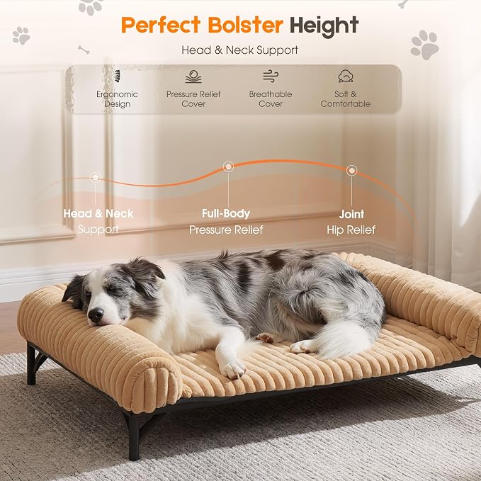 Elevated Dog Bed with Removable Fluffy Pillow Cushion, Raised Pet Cot Washable Bolster, Dog Couch Sofa, Anti Slip Feet, Breathable Mesh, Khaki, 49"×36"