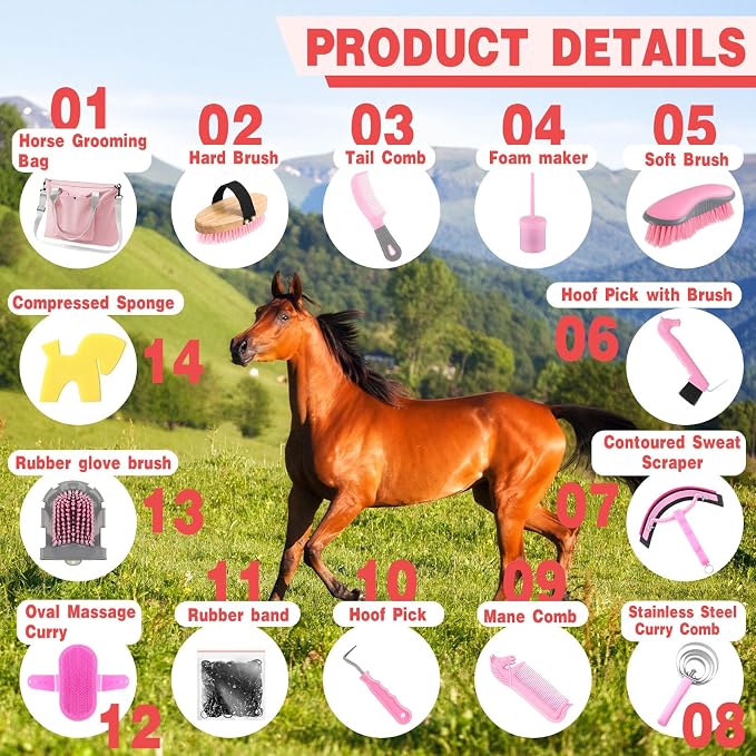 Abbylike 15 Pieces Horse Grooming Kit with Organizer Tote Bag Tack Room Supplies Horse Brush Sets Care Equine Cleaning Kit Shedding Grooming Massaging Tools(Pink and Grey)