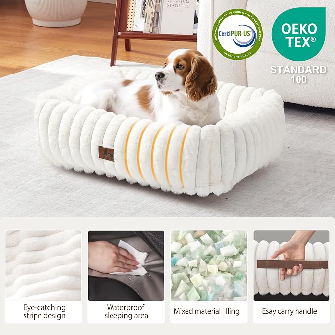 Washable Dog Bed for Small Medium Dogs, Rectangle Orthopedic Pet Bed with Removable Cover, Fluffy Memory Foam Dog Beds with Anti-Slip Bottom, Cream(25x21x7inchs)