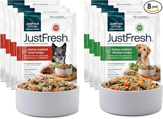 JustFoodForDogs JustFresh Wet Dog Food, Fresh Pet Meals and Toppers with No Preservatives, Resealable Package, Human Grade, Home-Cooked Beef & Chicken, 12 oz - 8 Pack