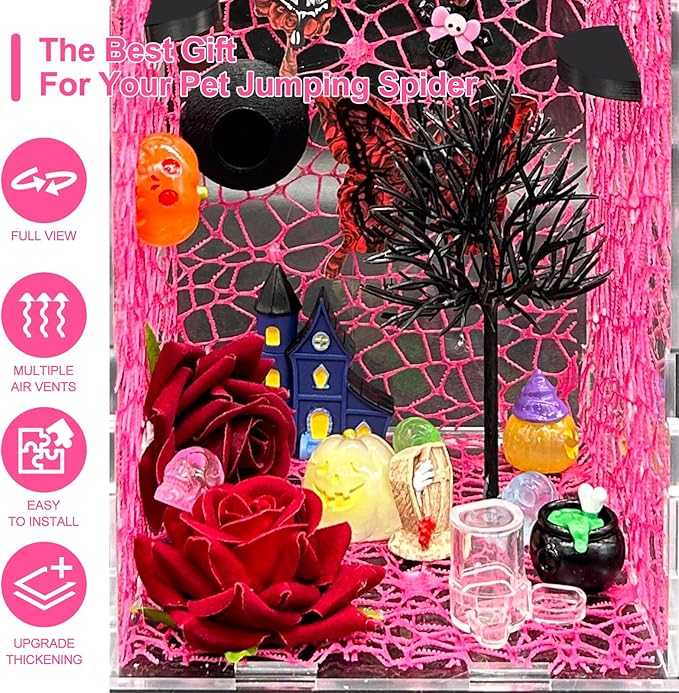 Jumping Spider Enclosure,DIY Insects Habitat,Small Reptile Terrarium Glass House Accessories Set,with Temperature and Humidity Detector Water Feeder Platform Hide,5.5“x5.5”x9.5“ (Pink)