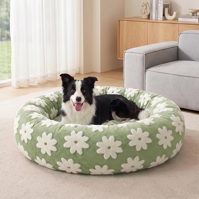 JOEJOY Jacquard Donut Round Dog Beds Medium Sized Dog,Green 30x30x8in, Removable Washable Cover, Cute Pattern, Ultra Soft Fluffy Calming Pet Bed with Thick Supportive Bolster