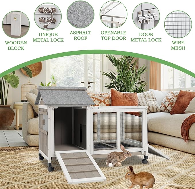 Gowoodhut 76.38"L Rabbit Hutch Indoor and Outdoor with 8 Wheels,Wooden Rabbit Cage with Pull Out Leak-Proof Tray for 2-4 Rabbits,Bunny Hutch with Asphalt Roof Suitable for Garden,Park,Living Room,Grey