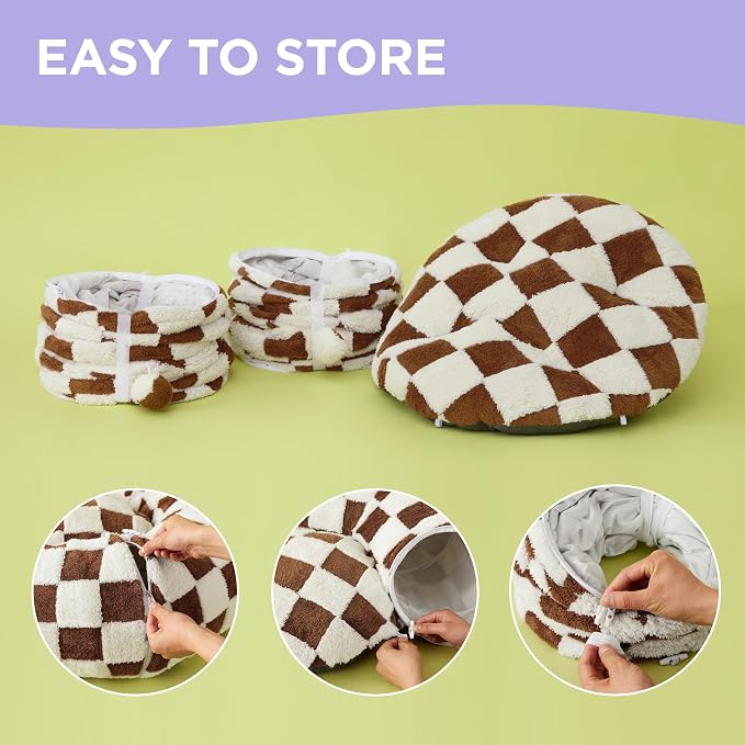 Lesure Donut Cute Jacquard Large Cat Tunnel Bed Kitten Toys for Dog Bunny | 39.5x39.5x10in,Round Large Cat Bed Tube for Multi Kittens,Pet Peekaboo Cave Toy,Spiral Hideaway,Washable Cushion,Brown Checks