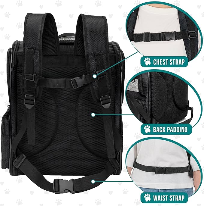 PetAmi Dog Backpack Carrier for Cats, 4-Way Entry Ventilated, 18 lbs, Black | Sherpa Bed Included, Foldable Load-In Top, Safety Reflective Strap, Breathable Mesh, Poop Bag Dispenser, Padded Back Support
