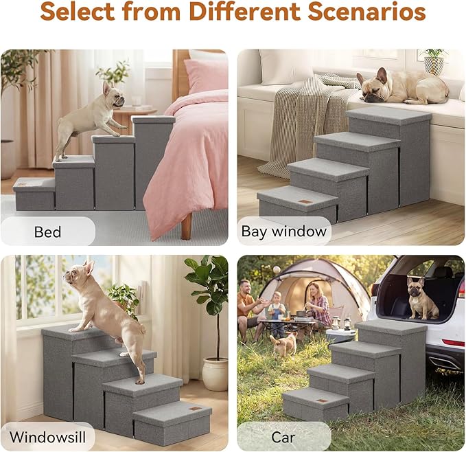 Zerbuger Dog Stairs with Storage, Grey 4 Steps Dog Ramp no Condo for Bed | 23" H Wider Dog Steps for High Beds Couch, Folding Storage Pet Stairs Gift for Climbing Small/Medium/Large Old Dogs Cats