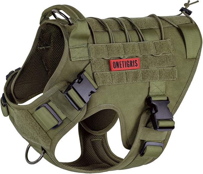 OneTigris Tactical Dog Harness, No-Pull Dog Vest with Leash Clips Green M | Dog Harness Adjustable for Hiking Training Outdoor Military 1000D Pullable Nylon, Service Dog Vest with Hook & Loop Panels