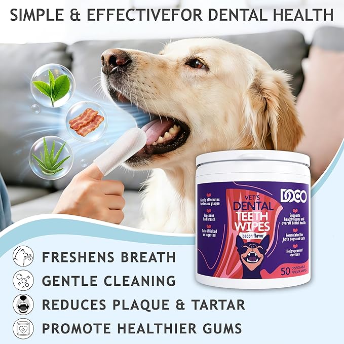 DOCO Pet Dog Teeth Cleaning Wipes – Deodorizing Finger Wipes for Dogs & Cats | Helps Reduce Plaque & Tartar Buildup, Supports Fresh Breath, No Rinse (Bacon, 50 Count)