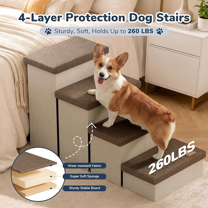 4-Step Wide Dog Stairs with Hidden Storage 23" H, Non-Slip Dog Steps for High Bed Couch Car, Jiont-Friendly Pet Stairs Ramp for Small/Medium/Large Old Dogs Cats Up to 220lbs, Beige&Coffee Lid