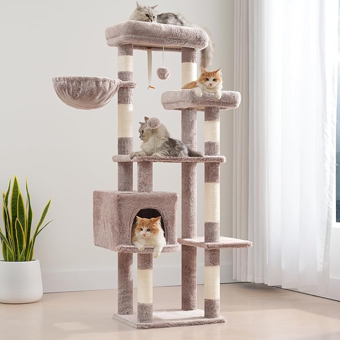 Gitelsnour Cat Tree for Indoor Cats, 55.1 inch Cat Tower with 7 Sisal Scratching Posts, Multi-Level Cat Condo wit Large Play Platform Furry Ball, Cat Cave, 2 Padded Perches, Basket, Mushroom GCT013MU