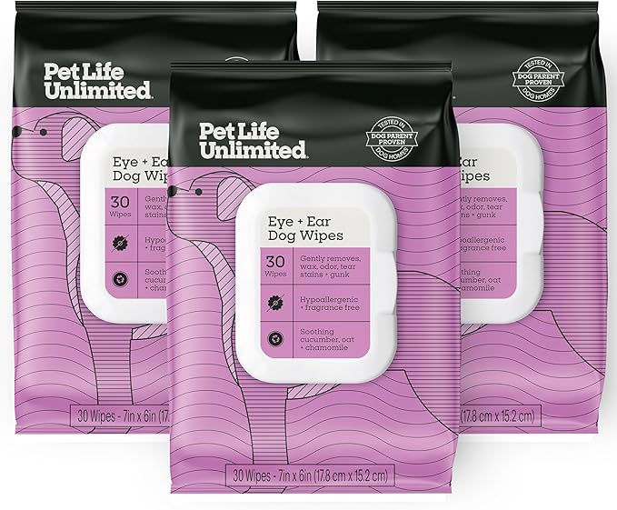 Pet Life Unlimited Dog Eye & Ear Wipes, 30 Count, Hypoallergenic, Fragrance-Free, Plant-Based Cleaning & Grooming Wipes with Aloe & Chamomile, Gently Remove Dirt & Wax, Soothes Skin (Pack of 4)