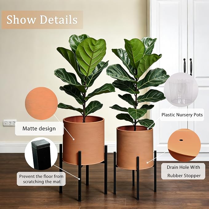 ARNIS Modern Plant Pots, Set of 2 Large Planters with Stand, Decorative Planters, Metal Pots with Drainage Holes for Living Room, Office, Garden or Balcony, 8.25 &10.5 Inch, Terracotta