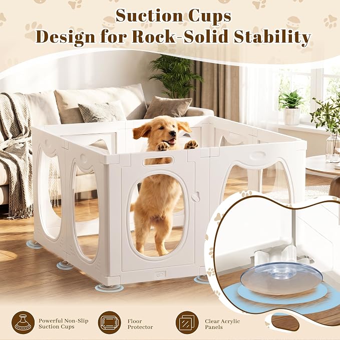 Clear Acrylic Dog Playpen Indoor with Toy & Door (24" H, 8 Panels, White) | Transparent Puppy Playpen for Dogs, Cats, Rabbits or Small Pets, Indoor Modern Dog Play Pen for Home, Easy Clean & Assemble