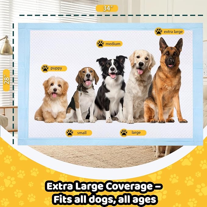 100 Count Dog Pee Pads 34" x 28", Super Absorbent Leak-Proof Training Pads | Quick-Dry Design,Dog Training Pads,6-Layer Protection,Soft Nonwoven Top Layer,XL Size,Versatile Use,Tear-Resistant