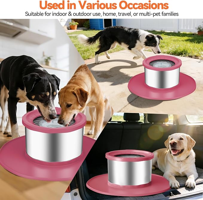 Decflow 12L No Spill Dog Water Bowl for Large Dogs, Stainless Steel Spill Proof Bowls with Suction Cup Anti-Skid Mat, Slow Feeder for Messy Drinkers, Heavy Duty Pet Bowls for Indoor/Outdoor Pink