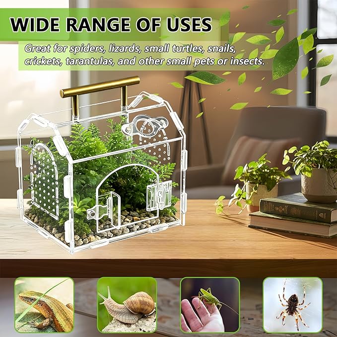 5.9" x 4.7" x 5.5" Acrylic Jumping Spider & Tarantula Enclosure – Transparent Insect Terrarium with Handle & Magnetic Door for Reptiles, Amphibians & Spiders