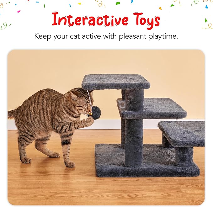 15''H Multi-Step Pet Stairs for High Beds & Sofas, 3-Step Cat Stairs with 2 Toy Balls, Wide Boards for Indoor Kittens Dogs Pets Climbing, Smoky Grey