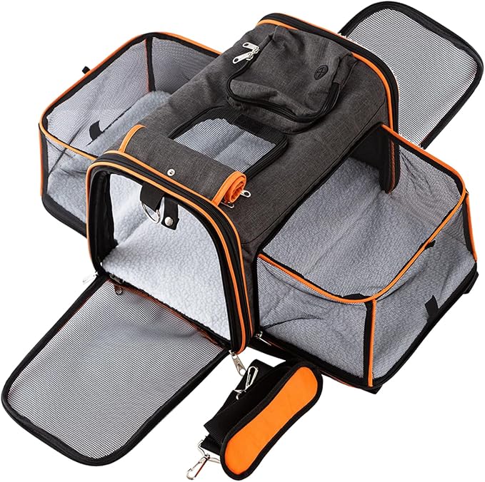 Pet Carrier Airline Approved, 17x11x11 TSA Travel Carrier | 5-Side Expandable Entry, Lightweight Alloy Frame, Collapsible Storage, Washable Wool Mat, Comfortable Bag for Cats & Dogs