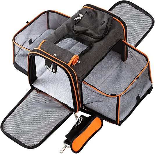 Pet Carrier Airline Approved, 17x11x11 TSA Travel Carrier | 5-Side Expandable Entry, Lightweight Alloy Frame, Collapsible Storage, Washable Wool Mat, Comfortable Bag for Cats & Dogs