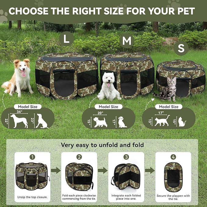 Siedihit Playpen for Small Dog Cat, Dogs Tent Crate Cage Indoor | Outdoor, Portable Pop Up Dog Kennel with Carrying Bag for Rabbits (Green Camo, Small)