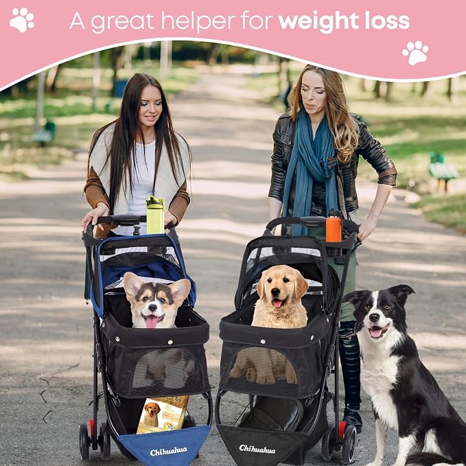 Pet Stroller,Dog Stroller for Small Medium Dogs Cats,3 Wheels,Pink | Foldable,with Breathable Mesh Canopy,Cup Holders,Easy Assembly