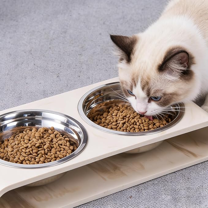 Beige Marble Elevated Dog Bowls Set - 2 Thick 6" Stainless Steel Puppy Food Bowl with Non-Slip Raised Holder Stand, Double Feeding Bowls for Food and Water, Suitable for Cats and Small Medium Pet