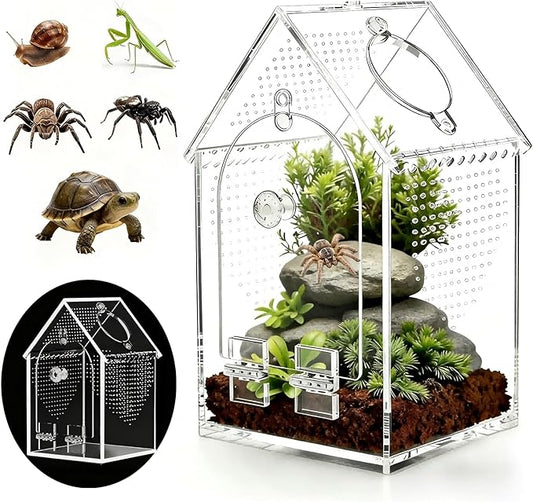 Jumping Spider Enclosure Kit，Pre-Assembled 8 * 5 * 5in Acrylic Tarantula Terrarium，Reptile Ventilated Habitat Accessories for Spider, Mantis, Snail, Frog, Hermit Crabs & Small Pets