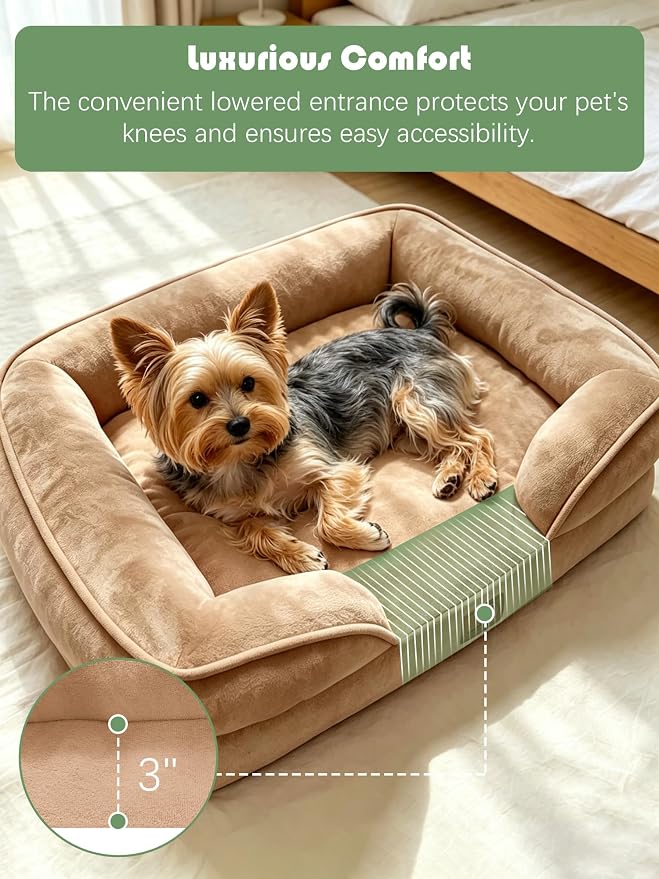 Spotted Play Orthopedic Dog Bed with Sides - Sofa Beds for Small Dogs, Supportive Foam Pet Couch Bed with Washable Removable Cover, Waterproof Lining and Non-Slip Bottom, Brown - S