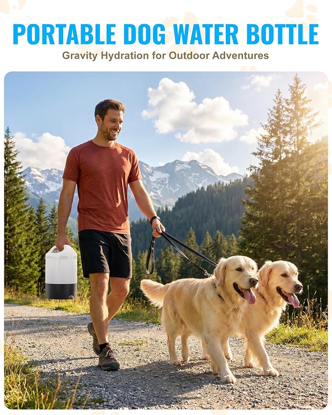 PETNF 1 Gallon Dog Water Dispenser with Handle | Gravity Fed Automatic Water Bottle with Pull-Out Bowl for Large & Multi-Dog, Portable for Travel Camping Hiking, BPA-Free